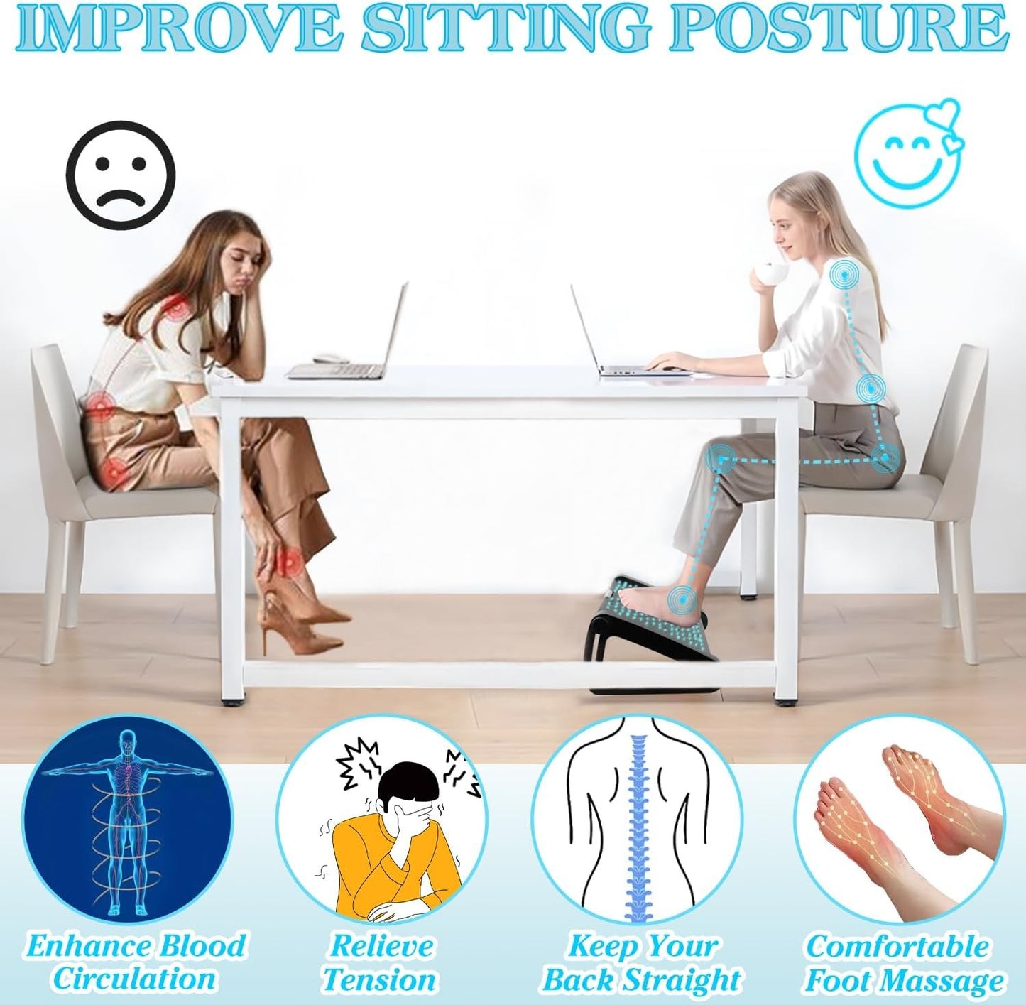 Ergonomic Adjustable Foot Rest for Office & Home – Under Desk Foot Stool with Massage Roller
