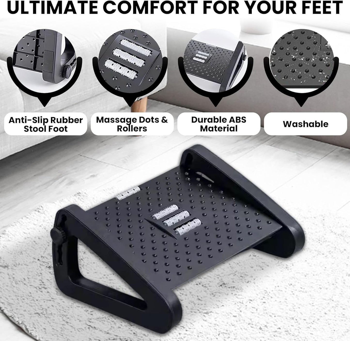 Ergonomic Adjustable Foot Rest for Office & Home – Under Desk Foot Stool with Massage Roller